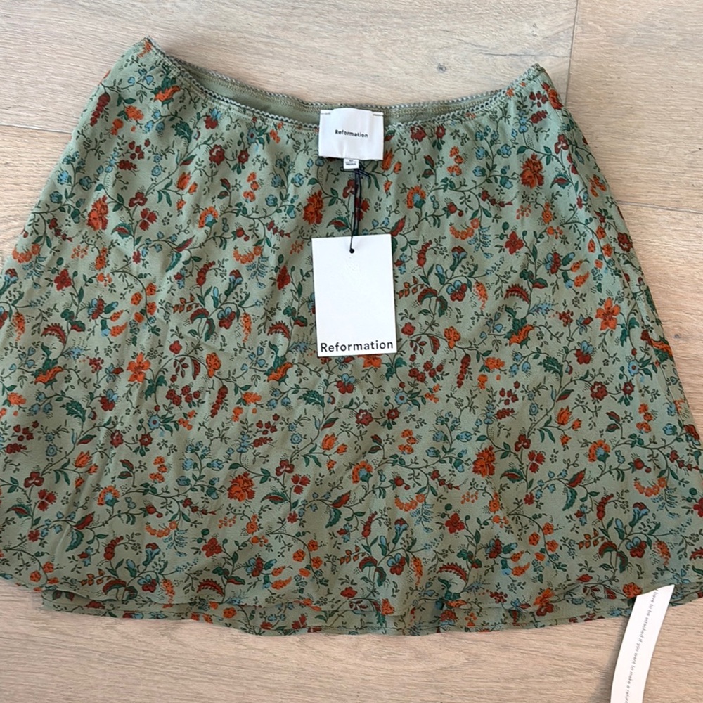 Reformation Green Floral A-Line Skirt with Orange & Blue Accents
